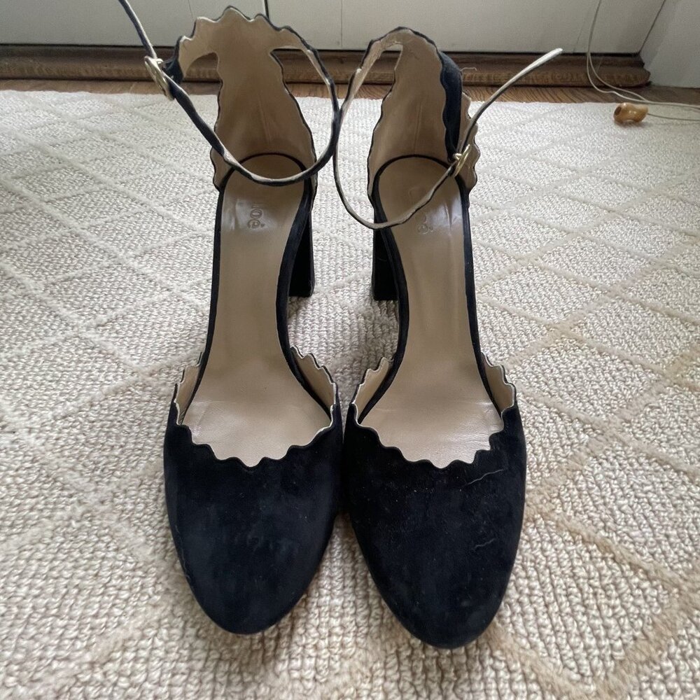 Chloe Lauren Ankle Strap Suede Block Heel in Black Suede